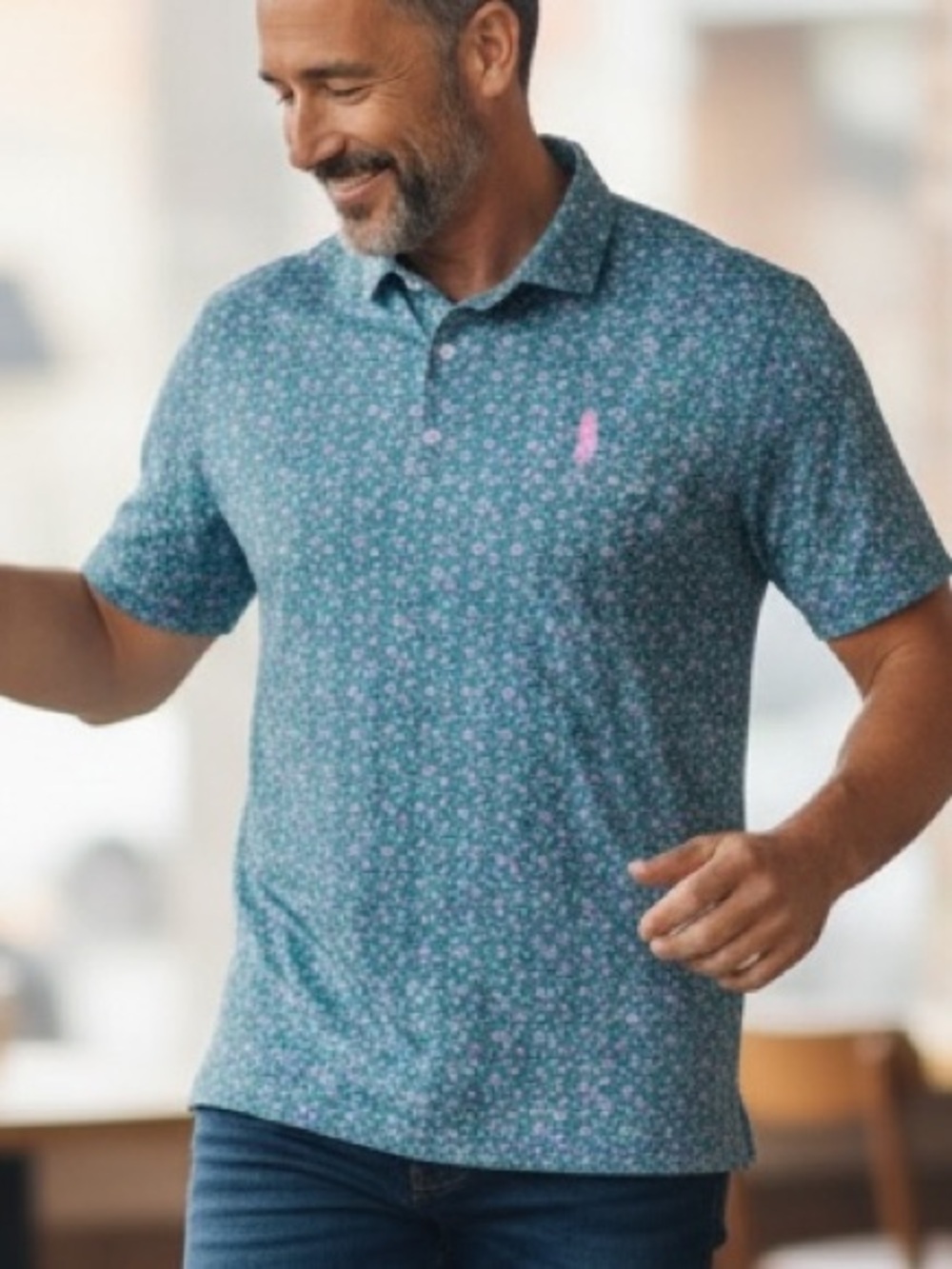 johnnie-O Blue Floral Polo with Pink Logo